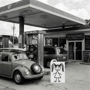 Group of people in costumes at a vintage gas station with classic cars and a dinosaur prop